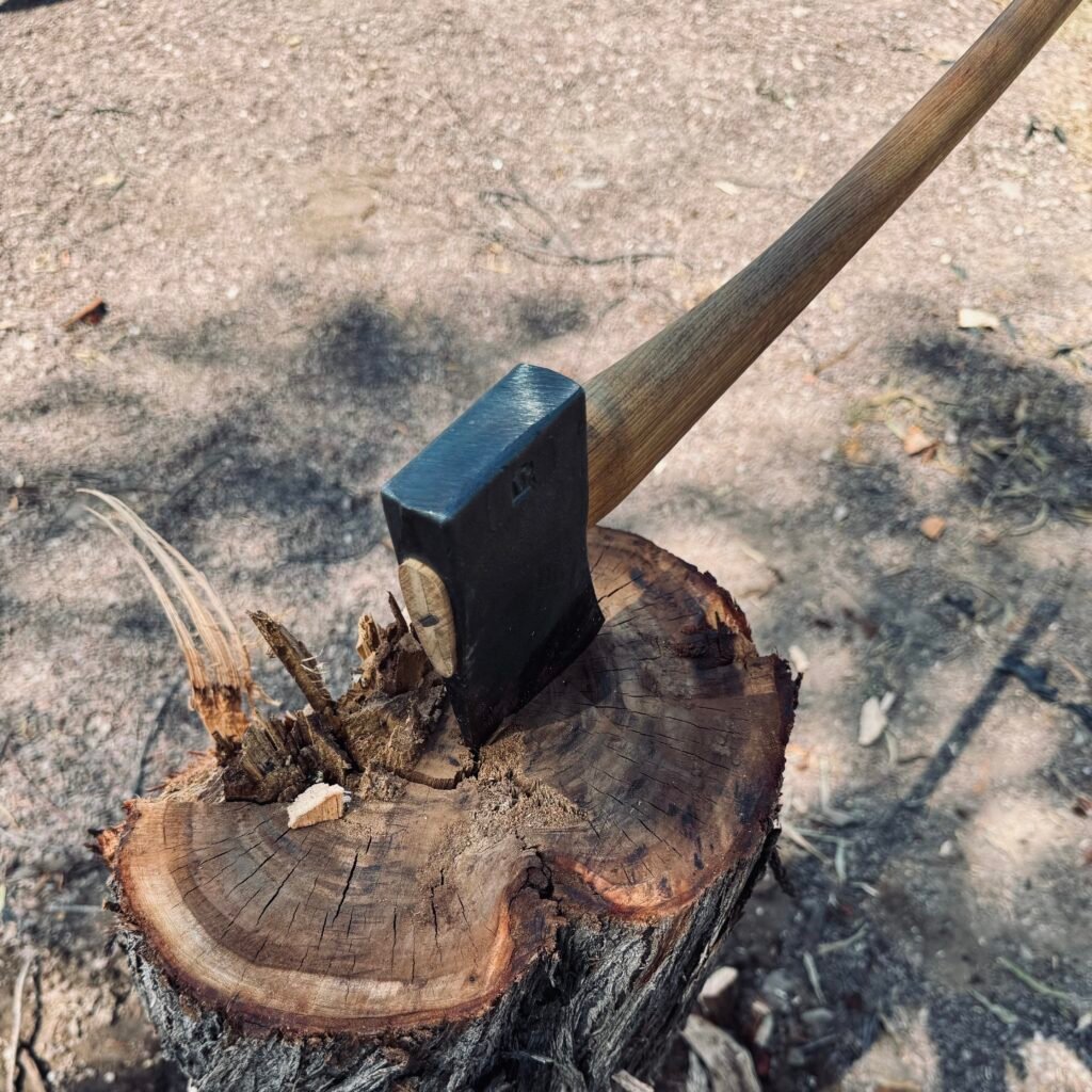 Hand-forged axe resting on a tree stump, symbolizing craftsmanship, tradition, and durability.